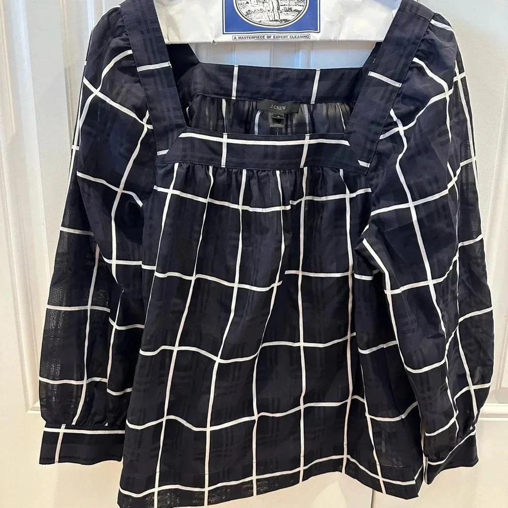 J.Crew Penny windowpane top with cuffed sleeves Navy White G1283 Size 4 NWT